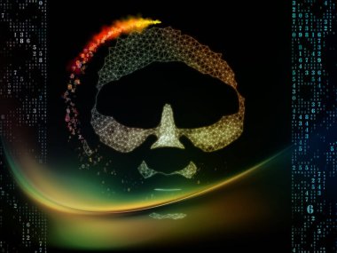 Sentetik Zihnin Görünüşü. İnsan yüzünün 3 boyutlu tasviri, soyut şafak ışıkları ve makine öğrenme, modern teknoloji, eğitim ve bilgisayar konularındaki sayılar sütunu