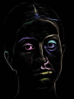 Kişilik Çalışmaları serisi. Sanat, şiir ve tiyatro projelerinde kullanılmak üzere Benekleme Tekniğiyle idam edilen genç bir kadının yüzü.