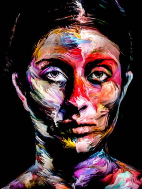 Renk serisi insanları. Yaratıcılık, hayal gücü ve sanat konularında genç bir kadının renkli soyut portresi.