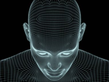 İnsan kafasının teknoloji, eğitim ve bilgisayar bilimleri illüstrasyonlarında kullanılmak üzere tel örgüde 3 boyutlu görüntülenmesi