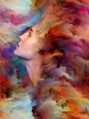 Kadının dünya serisi. Kadın portre duygular, duygular, iç dünya, yaratıcılık ve hayal gücü konusunda canlı boya ile erimiş sanatsal soyutlama oluşan