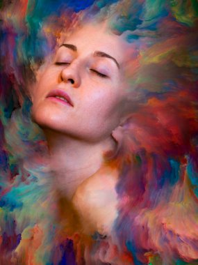 Dünya serisi. Kadın portresinin arka plan tasarımı duygular, duygular, iç dünya, yaratıcılık ve hayal gücü üzerine canlı boyalar ile kaynaştırılmış.