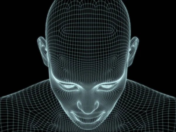 3D技術 コンピュータサイエンスのイラストで使用するためのワイヤメッシュにおける人間の頭のクローズアップのレンダリング — ストック写真