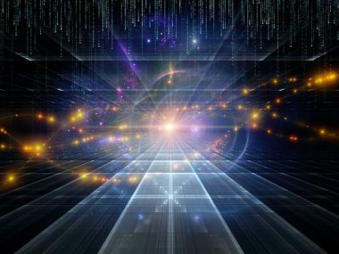 Matematik, geometri, bilim, eğitim ve iletişim teknolojisi konularında matris numaralarının üst üste bindirildiği fraktal şebekeler ve ışıklar kullanılarak sanal uzayın 3D çizimi.