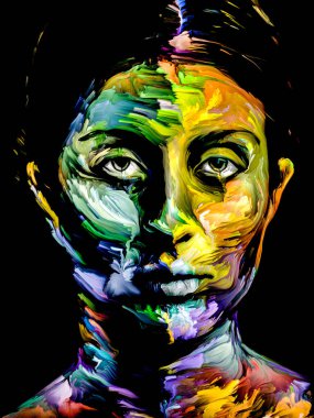 Parlak Bayan. Yüz boyama serisi. Yaratıcılık, hayal gücü, resim ve görsel sanatlar konusu için siyah tuval üzerinde genç bir kadının renkli portresinin kompozisyonu