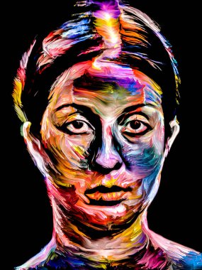 Renk serisi insanları. Yaratıcılık, hayal gücü ve sanat konularında genç bir kadının renkli soyut portresi.