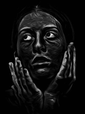 Benekli Portre serisi. Sanat, iç dünya ve insan ruhu üzerine geleneksel noktacı tarzıyla yapılmış genç bir kadının kafasını yakın plan çekeceğiz..