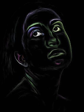 Kişilik Çalışmaları serisi. Siyah arka planda genç bir kadının yüzü sanat, şiir ve tiyatro projelerinde kullanılmak üzere Stippling Image Technique ile idam edildi..