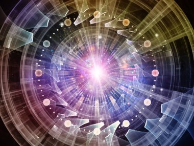 Eğitim, modern teknoloji, bilim ve sanal gerçeklik konularındaki fraktal disk ve soyut yapıların 3 boyutlu çizimi.