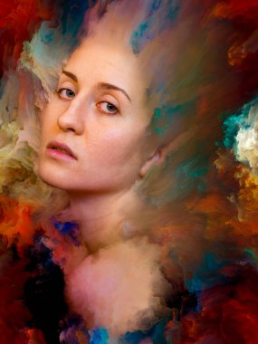 Dış serinin içinde. Duygular, duygular, iç dünya, yaratıcılık ve hayal gücü konularında bir metafor olarak kadın portresiyle birleştirilmiş bir tasarım.