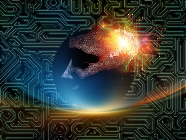 Tracing Artificial Intelligence. Composition of Androids face, electric circuit and abstract lights on subject of AI, modern technology and computing. 3D Illustration