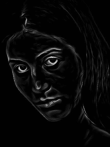 Personality Study Series Face Young Woman Black Background Executed Stippling — Stock Photo, Image