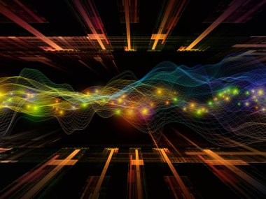 Uzay Sinyali. Sanal Dalga serisi. Veri transferi teması üzerine yatay sinüs dalgaları ve ışık parçacıklarının düzenlenmesi, sanal, yapay, matematiksel gerçeklik.