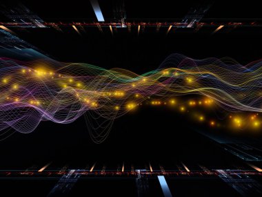 Uzay Sinyali. Sanal Dalga serisi. Veri transferi teması üzerine yatay sinüs dalgaları ve ışık parçacıklarının düzenlenmesi, sanal, yapay, matematiksel gerçeklik.