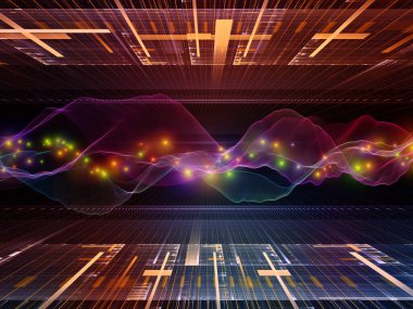 Uzay Sinyali. Sanal Dalga serisi. Veri transferi teması üzerine yatay sinüs dalgaları ve ışık parçacıklarının düzenlenmesi, sanal, yapay, matematiksel gerçeklik.