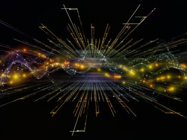 Uzayda veri. Sanal Dalga serisi. Veri transferi, sanal, yapay, matematiksel gerçeklik projeleri için yatay sinüs dalgaları ve ışık parçacıklarından oluşan arkaplan.