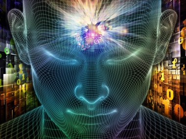 Parlak Düşünce. Bilinçli Zihin serisi. Parlayan kablonun 3 boyutlu görüntülenmesi yapay zeka, insan bilinci ve manevi yapay zeka ile ilişkili insan yüzü.