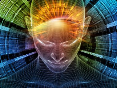 Sanal gerçeklik. Bilinçli Zihin serisi. Yapay zeka, insan bilinci ve manevi yapay zeka ile ilişkili olarak parlayan tel örgü insan yüzünün 3 boyutlu görüntülenmesi.