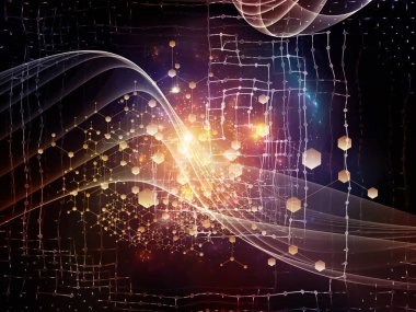 Soyut Ağ Sistemi. Bilim, eğitim ve modern teknoloji konularındaki parçacıklar, ışıklar ve soyut element bileşimi.