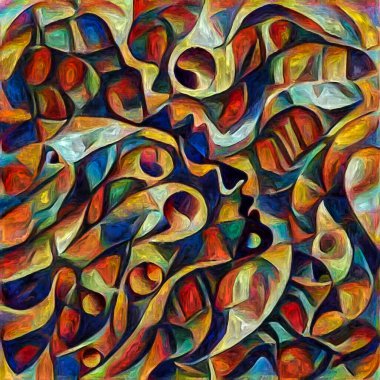 Karışık Kader. Erkek ve kadın yüzleri, insan durumunun şiirselliği üzerine soyut bir şekilde resmedilmiş..