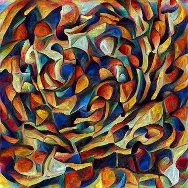 Karışık Kader. Erkek ve kadın yüzleri, insan durumunun şiirselliği üzerine soyut bir şekilde resmedilmiş..