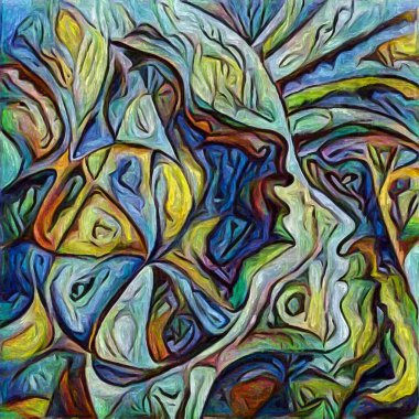 Hepimiz bu işin içindeyiz. İnsan siluetleri, insan durumunun şiirselliği üzerine soyut resim tarzıyla çizilmiştir..