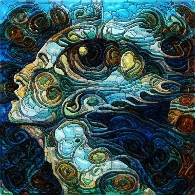Minds Eye serisi. İç dünya ve insan kimliğinde kadın gözü olan lekeli cam bileşimi.