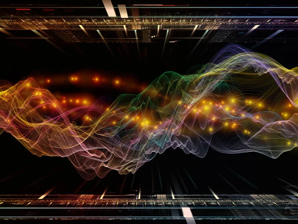空间信号 虚拟浪潮系列 水平正弦波和光粒子在数据传输 数学现实等主题上的排列 — 图库照片