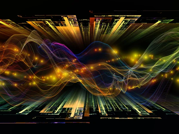 空间信号 虚拟浪潮系列 水平正弦波和光粒子在数据传输 数学现实等主题上的排列 — 图库照片