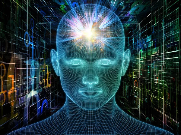 漫漫的梦 清醒的头脑系列 基于人工智能 人类意识和精神人工智能的发光金属丝网人脸三维渲染艺术抽象 — 图库照片