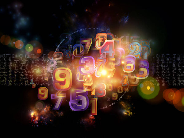 Unit of Computation. Digits and lights abstraction on subject of modern information technologies, education, science and number universe. 3D rendering.