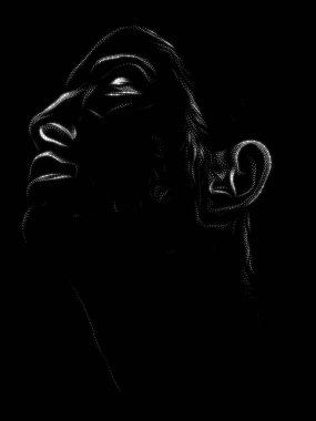 Benekli Portre serisi. Sanat, iç dünya ve insan ruhu üzerine geleneksel noktacı tarzıyla yapılmış genç bir kadının yüzünü kapatın..