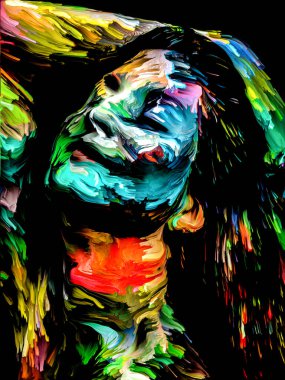 Gökkuşağı Leydisi. Yüz boyama serisi. Yaratıcılık, hayal gücü, resim ve görsel sanat konularında siyah tuval üzerinde genç bir kadının renkli portresinin arka plan tasarımı