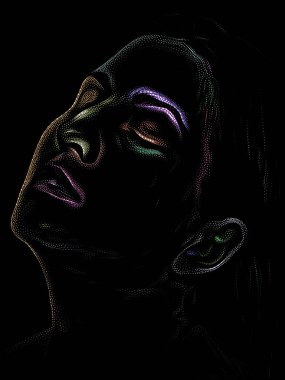 Kişilik Çalışmaları serisi. Siyah arka planda genç bir kadının yüzü sanat, şiir ve tiyatro projelerinde kullanılmak üzere Stippling Image Technique ile idam edildi..