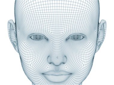 İnsan kafası ve yüzünün üç boyutlu görüntülenmesi illüstrasyon ve tasarım için tel örgüsü olarak kullanılacak