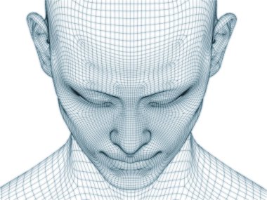İnsan kafası ve yüzünün üç boyutlu görüntülenmesi illüstrasyon ve tasarım için tel örgüsü olarak kullanılacak