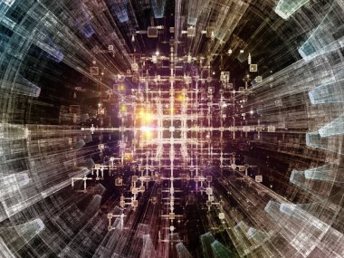 Eğitim, modern teknoloji, bilim ve sanal gerçeklik konularındaki fraktal disk ve soyut yapıların 3 boyutlu çizimi.