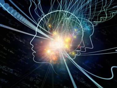 Düşünme serisinin yörüngeleri. İnsan kafasının 3 boyutlu yorumlanması ve teknoloji ve eğitim konusunun ana hatları.