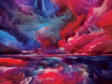 Gökkuşağı Aydınlanması. Gerçekliğe Kaçış dizisi. Arazi resmi, hayal gücü, yaratıcılık ve sanat projeleri için gerçeküstü gün batımı renkleri ve dokularının yaratıcı düzenlenmesi