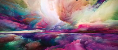 Renkli Vistas. Gerçekliğe Kaçış dizisi. Manzara resmi, hayal gücü, yaratıcılık ve sanat konularındaki tasarımları tamamlamak için gerçeküstü gün batımı renklerinin ve dokuların arkaplanı