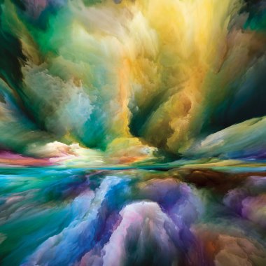 Hayalet Dağları. Gerçekliğe Kaçış dizisi. Manzara resmi, hayal gücü, yaratıcılık ve sanat konuları için gerçeküstü gün batımı renkleri ve dokularının yaratıcı düzenlenmesi