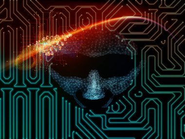 Yapay Zeka İzleme. Androidlerin yüzü, elektrik devresi ve yapay zeka, modern teknoloji ve bilgisayar konularındaki soyut ışıkların bileşimi. 3B Görüntü