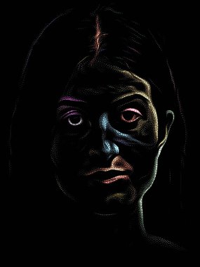 Kişilik Çalışmaları serisi. Sanat, şiir ve tiyatro projelerinde kullanılmak üzere Benekleme Tekniğiyle idam edilen genç bir kadının yüzü.