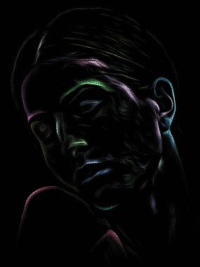 Kişilik Çalışmaları serisi. Sanat, şiir ve tiyatro projelerinde kullanılmak üzere Benekleme Tekniğiyle idam edilen genç bir kadının yüzü.