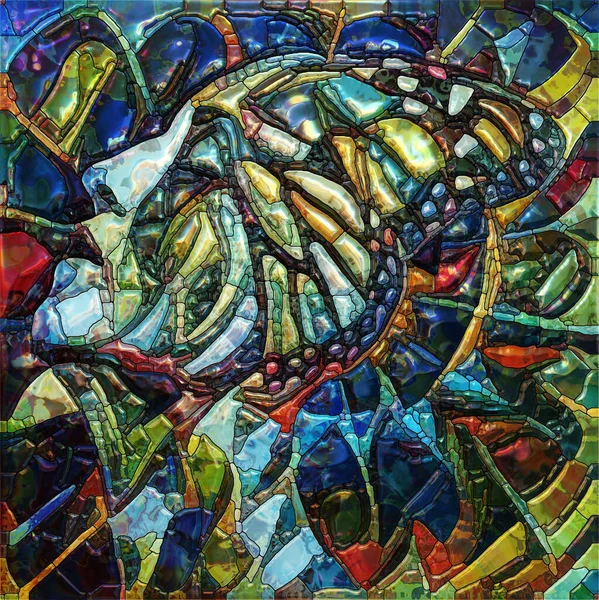 Wings of Dream series. Elements of female face and butterfly wings colored and arranged into stained glass pattern on subject of spiritual reality, human drama, and artistic design.