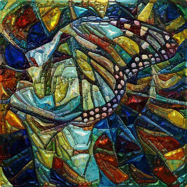 梦之翼系列 女性脸和蝴蝶翅膀的元素是彩色的 并按照精神现实 人类戏剧和艺术设计的主题排列成彩色玻璃图案 — 图库照片