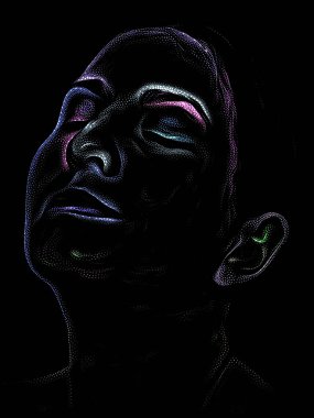 Kişilik Çalışmaları serisi. Sanat, şiir ve tiyatro projelerinde kullanılmak üzere Benekleme Tekniğiyle idam edilen genç bir kadının yüzü.