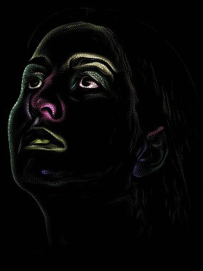 Kişilik Çalışmaları serisi. Siyah arka planda genç bir kadının yüzü sanat, şiir ve tiyatro projelerinde kullanılmak üzere Stippling Image Technique ile idam edildi..