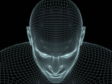 Teknoloji, eğitim ve bilgisayar bilimleri illüstrasyonlarında kullanılmak üzere insan yüzünün tel örgüsü içinde 3B görüntüsü
