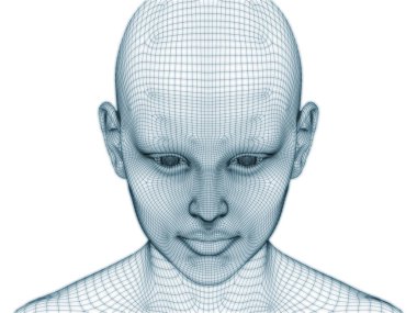 İnsan kafası ve yüzünün üç boyutlu görüntülenmesi illüstrasyon ve tasarım için tel örgüsü olarak kullanılacak